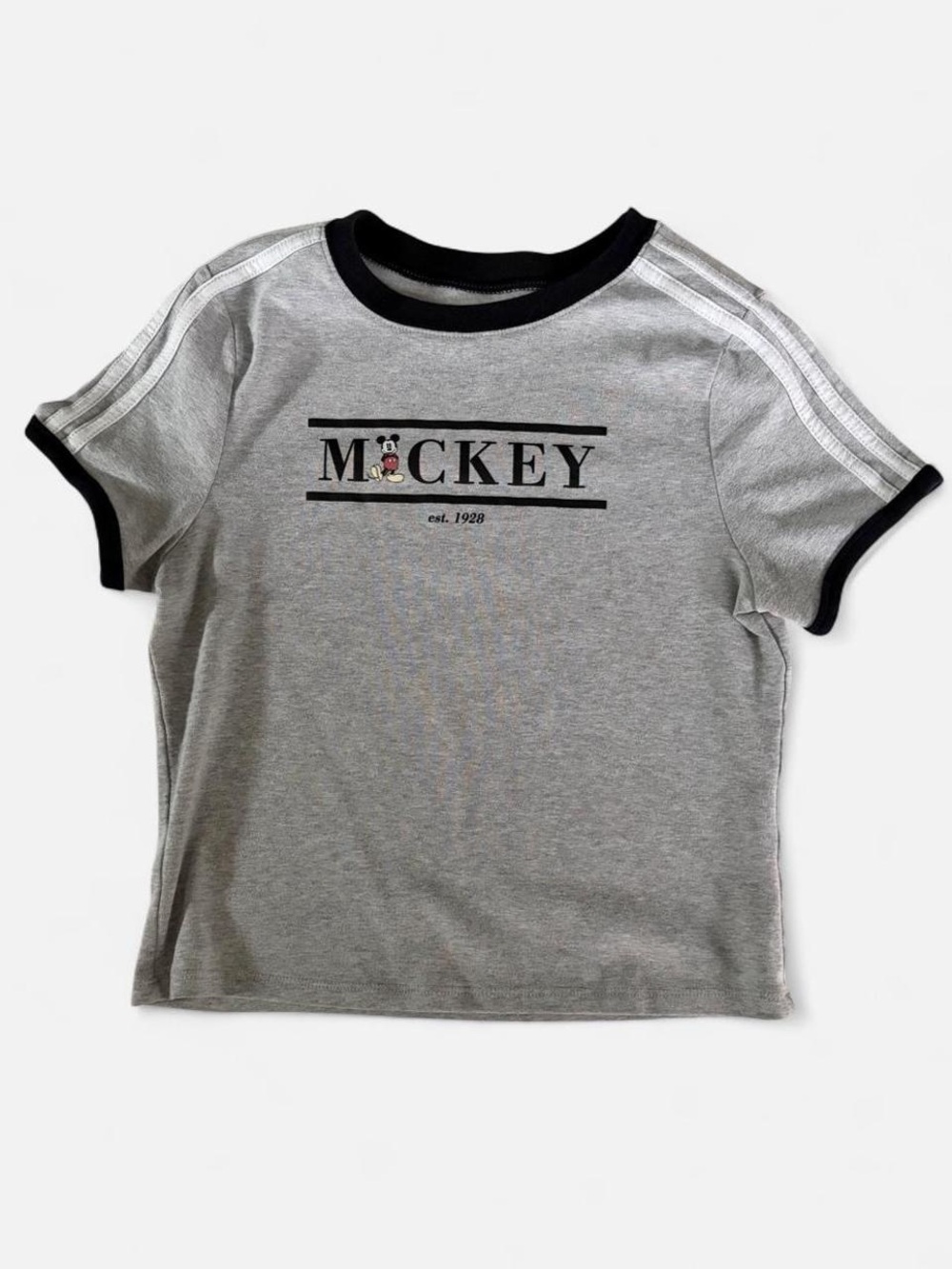 Grey Graphic Mickey Mouse Cropped Tee With Black trim and White Stripes